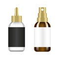 Realistic brown and white bottle with golden lid. Mock up of cosmetic spray jar. Cosmetic vial, flask, perfume flacon Royalty Free Stock Photo