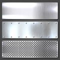 Realistic brushed metal textures set. Polished stainless steel background. Vector illustration. Royalty Free Stock Photo