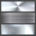 Realistic brushed metal textures set. Polished stainless steel background. Vector illustration. Royalty Free Stock Photo