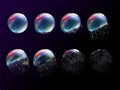 Realistic bubble burst. Animation explosion 3d soap bubbles, explode water sphere sequence, rainbow reflection water Royalty Free Stock Photo