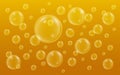 Realistic bubbles with reflection on yellow background. Beer bubbles background. Fizzing air in glass. Vector