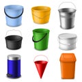 Realistic bucket. Metal and plastic empty round, cone and square buckets template with handle for water and garbage or