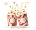 Realistic bucket popcorn. Salty and caramel cornflakes. Roasted corns flying out of cardboard cup. Cinema snacks. Fast