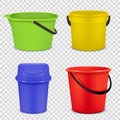 Realistic buckets. Metal and plastic material for water or garbage empty buckets vector 3d templates
