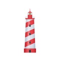 Realistic building striped lighthouse. Modern lighthouse on sea beach, ocean.