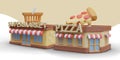 Realistic buildings of supermarket and pizzeria nearby. Concept of joint business
