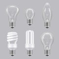 Realistic bulbs. Lighting electricity glass transparent lamps vector collection pictures