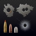 Realistic bullet holes. 3d hole from shots in the metal surface and glass, shells different caliber types, breaking and