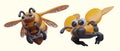 Realistic bumblebee and yellow beetle in flight. Colorful insects with unfolded textured wings