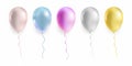 Realistic bunch of glossy flying helium balloons. Premium vector.