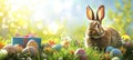 Realistic Bunny with Easter Eggs and Gifts in Grass