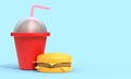 Realistic burger and cola for fast food. 3d illustration