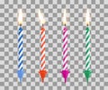 Realistic burning birthday cake candles set isolated on transparent checkered background. Vector illustration. Royalty Free Stock Photo