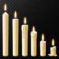 Realistic burning candle. Wax candles reflow stages, holiday xmas or church burning wick candles vector isolated