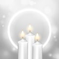 realistic burning church candle shiny background with neon frame