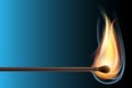 Realistic burning match on gradient background. Open flame. Light in the darkness. Vector Illustration, EPS10.