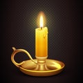 Realistic burning romantic candle isolated on transparent plaid background vector illustration Royalty Free Stock Photo