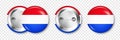 Realistic button badge with printed Dutch flag. Souvenir from Netherlands. Glossy pin badge with shiny metal clasp