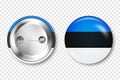 Realistic button badge with printed Estonian flag. Souvenir from Estonia. Glossy pin badge with shiny metal clasp