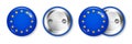 Realistic button badge with printed European flag. Souvenir from Europe. Glossy pin badge with shiny metal clasp