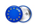 Realistic button badge with printed European flag. Souvenir from Europe. Glossy pin badge with shiny metal clasp