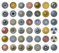 Realistic buttons for clothes. Vintage metal fastener, denim accessory button and top view antique bronze garment Royalty Free Stock Photo