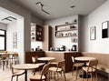Realistic cafe interior minimal beige wood.
