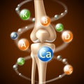 Realistic calcium. Benefits for human bones, different flying chemical elements, 3d knee joint, vitamins and minerals