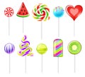 Realistic candies lollipops. 3D sweet colourful fruit caramels on sticks different types, christmas cane, round spiral