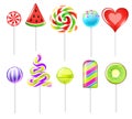 Realistic candies lollipops. 3D sweet colourful fruit caramels on sticks different types, christmas cane, round spiral, red heart Royalty Free Stock Photo