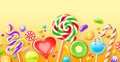 Realistic candies poster. Color sweets, bright lollipops, glossy fruit dragees, striped caramels on sticks, sugar