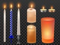 Realistic candle. Christmas holidays or birthday candles, flicker flaming wax and romantic fire flame. Candlelight Royalty Free Stock Photo