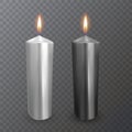 Realistic candles of black and white colors, Burning candles on dark background, paraffin or wax on transparent background. Vector Royalty Free Stock Photo