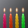 Realistic candles of bright colors, Burning candles on dark background, vector illustration Royalty Free Stock Photo