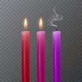 Realistic candles of bright colors, Burning candles on dark background, vector illustration Royalty Free Stock Photo