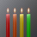 Realistic candles of bright colors, Burning candles on dark background, vector illustration Royalty Free Stock Photo