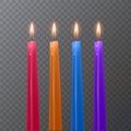 Realistic candles of bright colors, Burning candles on dark background, vector illustration Royalty Free Stock Photo