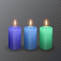 Realistic candles of bright colors, Burning candles on dark background, vector illustration Royalty Free Stock Photo