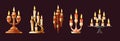 Realistic candles in candlesticks set. Retro vintage candle holders, chandelier and candelabrums with burning flames. Household Royalty Free Stock Photo