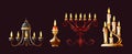 Realistic candles in candlesticks set. Retro vintage candle holders, chandelier and candelabrums with burning flames. Household