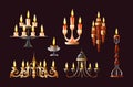Realistic candles in candlesticks set. Retro vintage candle holders, chandelier and candelabrums with burning flames. Household Royalty Free Stock Photo