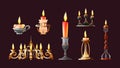 Realistic candles in candlesticks set. Retro vintage candle holders, chandelier and candelabrums with burning flames. Household Royalty Free Stock Photo