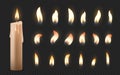 Realistic candles. 3D burning celebration wax candles with different small glowing flames. Vector birthday party, church candles