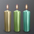 Realistic candles of gold, green and blue colors, Burning candles on dark background, paraffin or wax on transparent background.