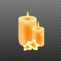 Realistic candles with plumeria flowers Royalty Free Stock Photo