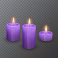 Realistic candles of purple color, Burning candles on dark background, vector illustration Royalty Free Stock Photo
