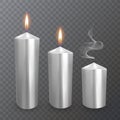 Realistic candles of white color, Burning and extinguished candles on dark background, paraffin or wax on transparent background. Royalty Free Stock Photo