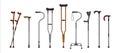 Realistic canes. 3D walking sticks and crutches. Medical supplies for old or injured persons. Equipment for recovery and