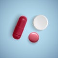 Realistic capsule and a pill on a white background, medicine, red capsule and white tablet, vector illustration Royalty Free Stock Photo