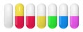 Realistic capsule pills set. Isolated pharmaceutical drugs. Vector medications mockup.